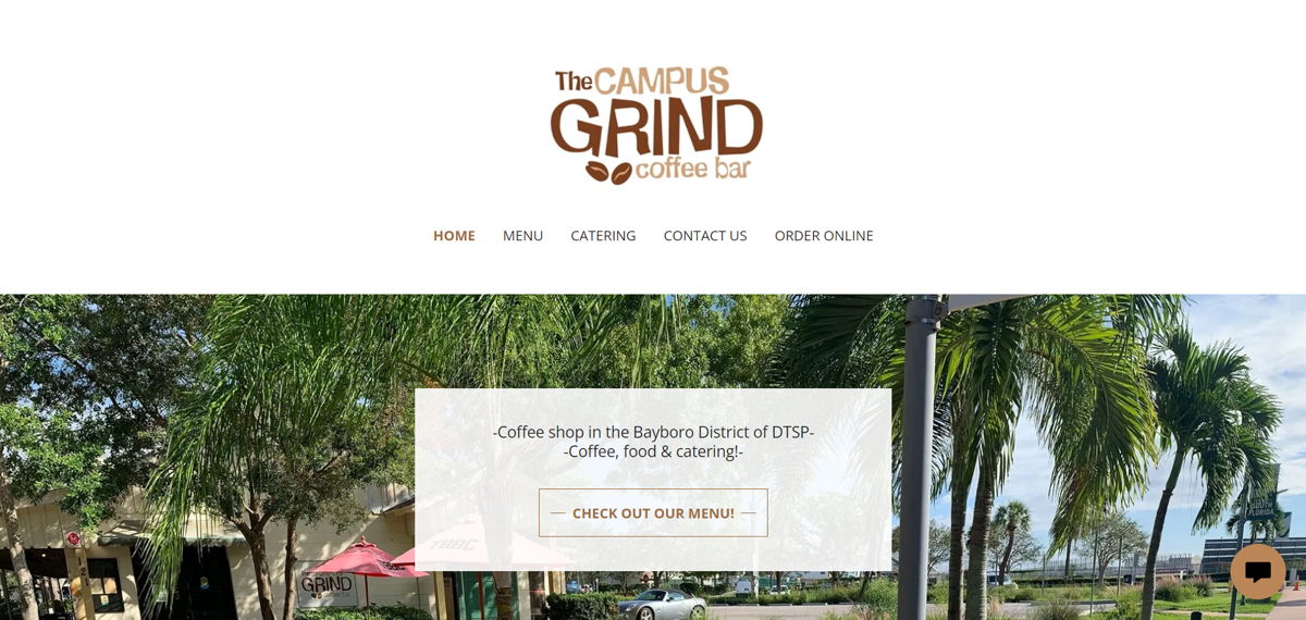 Screenshot of The Campus Grind, from the cafe & coffee shop websites collection.