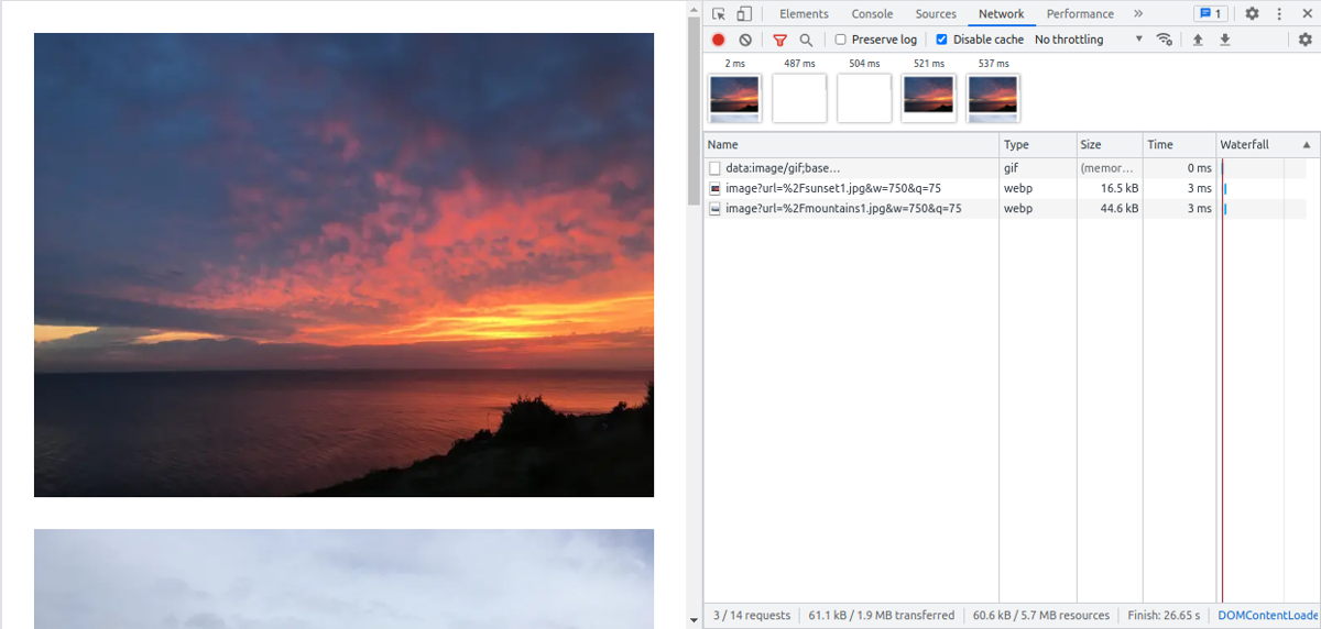 sunset1.jpg - 16.5kB - webp - 750x563 Lazy loading with Next.js in Chrome Dev Tools