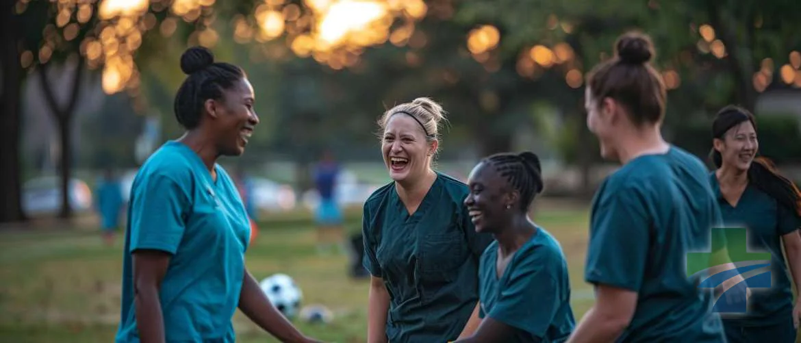Night shift healthcare workers enjoying a soccer game at dawn