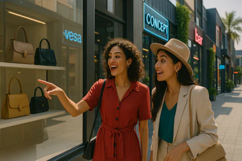 Two happy women point and smile at stylish handbags displayed in a store window in an outdoor shopping area.