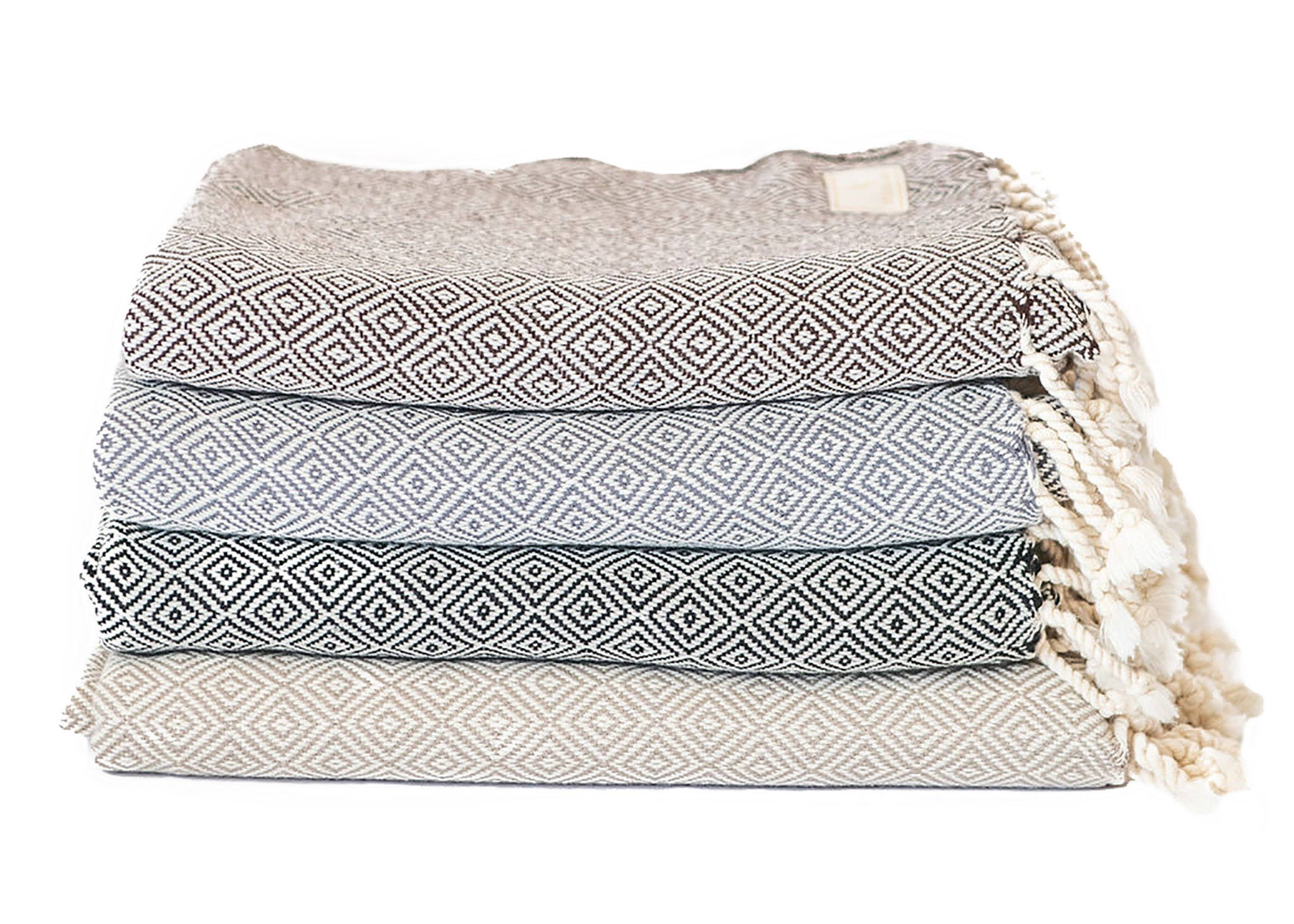 Stack of handwoven cotton diamond scarves in brown, charcoal, black & taupe - Stick & Ball