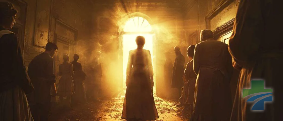 Time Traveler Nurse stepping through a portal, leaving a grateful community behind.