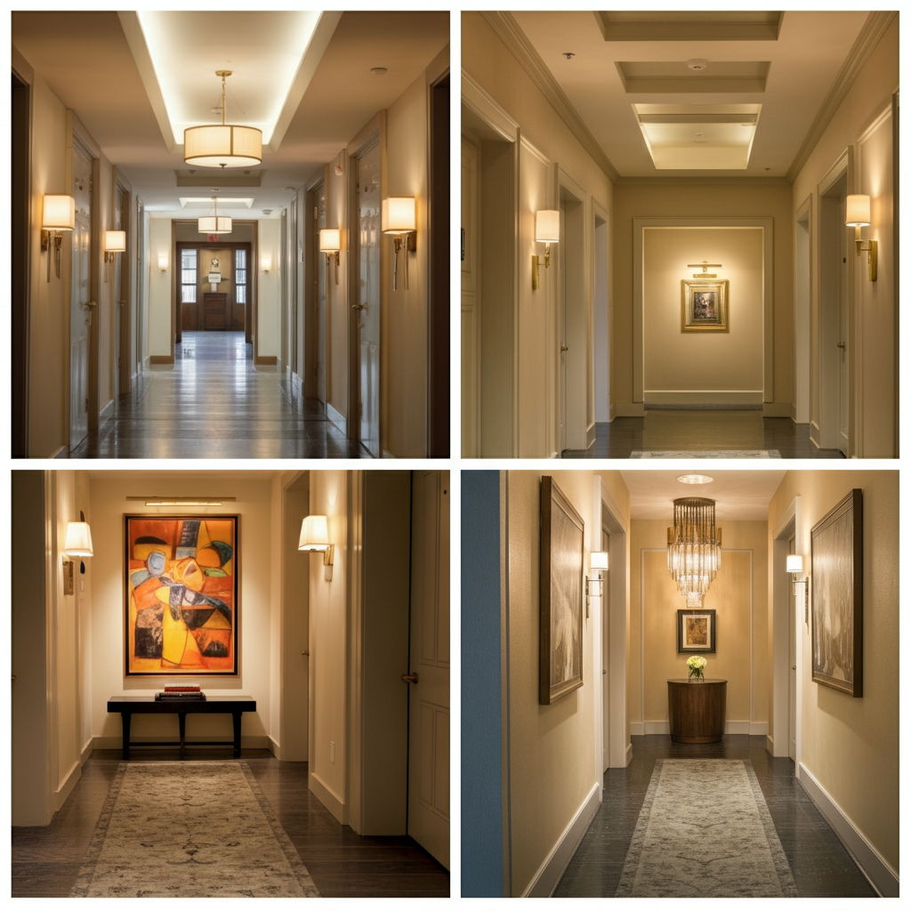 A condominium hallway transformation showing before and after images of lighting upgrades. The updated hallway features new sconces that provide warm, even illumination highlighting artwork and architectural details—a building-approved improvement that enhances the approach to individual units.