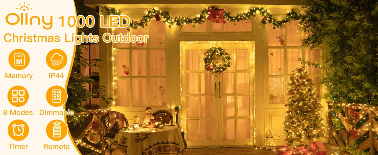 Features of Ollny's 800 leds clear cable cool white string lights - desktop size