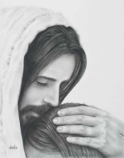 Charcoal drawing of Jesus comforting a young woman. 