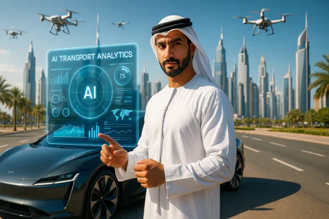 Man in traditional clothes interacts with AI transport analytics beside futuristic car, drones above modern cityscape.