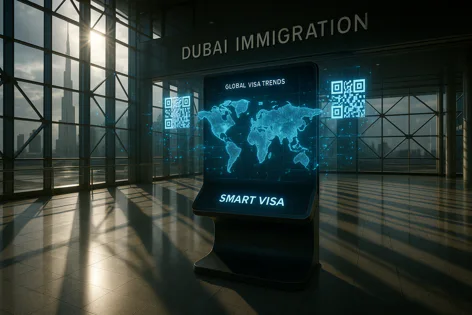 Digital kiosk showing global visa trends map and smart visa info inside Dubai Immigration building with view of Burj Khalifa and city skyline.