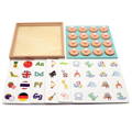 Wooden memory game for children with colorful animals, instruments, fruits, country flags, numbers, and letters. 