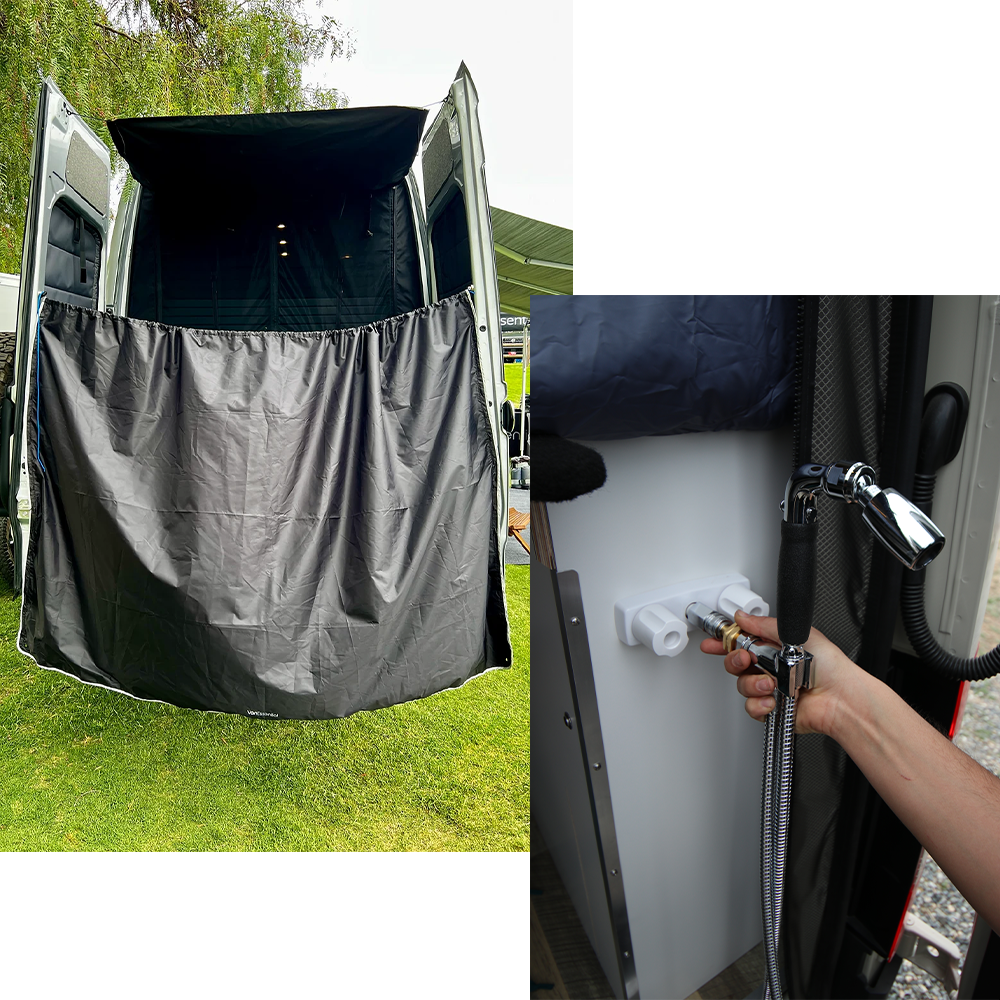 Black Shower Curtain and Exterior Showerhead on Rear of Custom Camper Van by The Vansmith