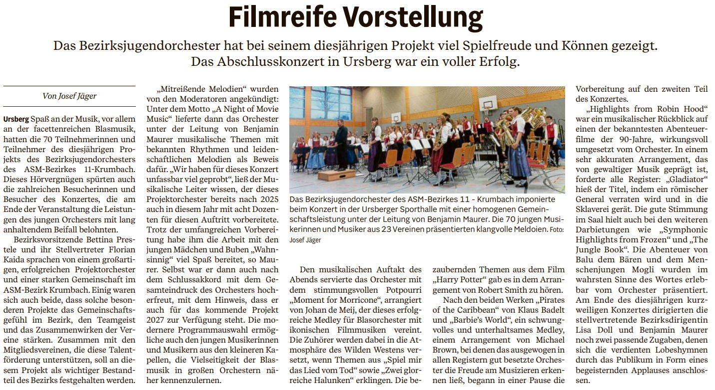 Artikel der Mittelschwäbischen Nachrichten, Konzert BJO am 22.02.2026