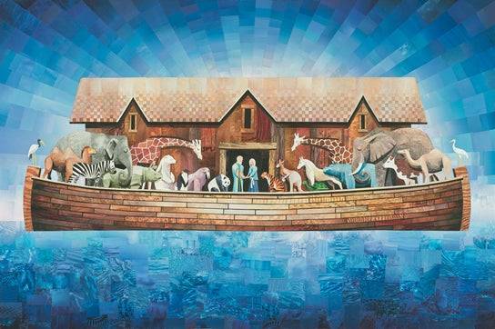 Paper collage artwork of Noah's ark. Noah, his wife, and all the animals have their heads bowed in prayer. 