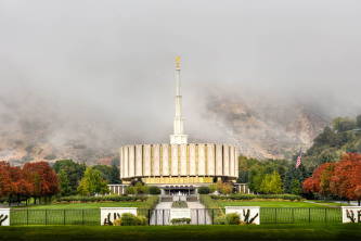 Fog settling around a Provo Utah Temple.