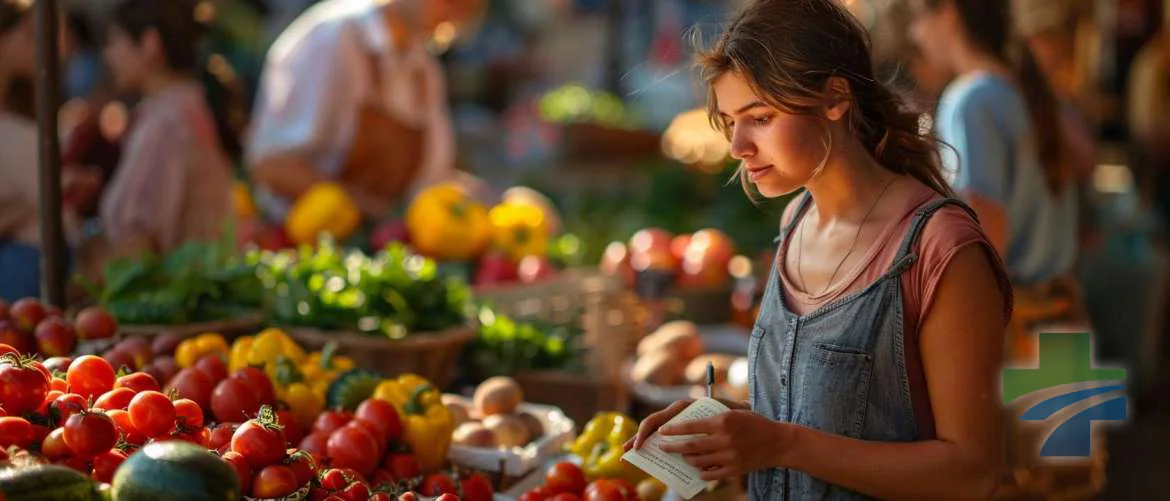 Young travel nurse comparing labels at a vibrant farmers' market.