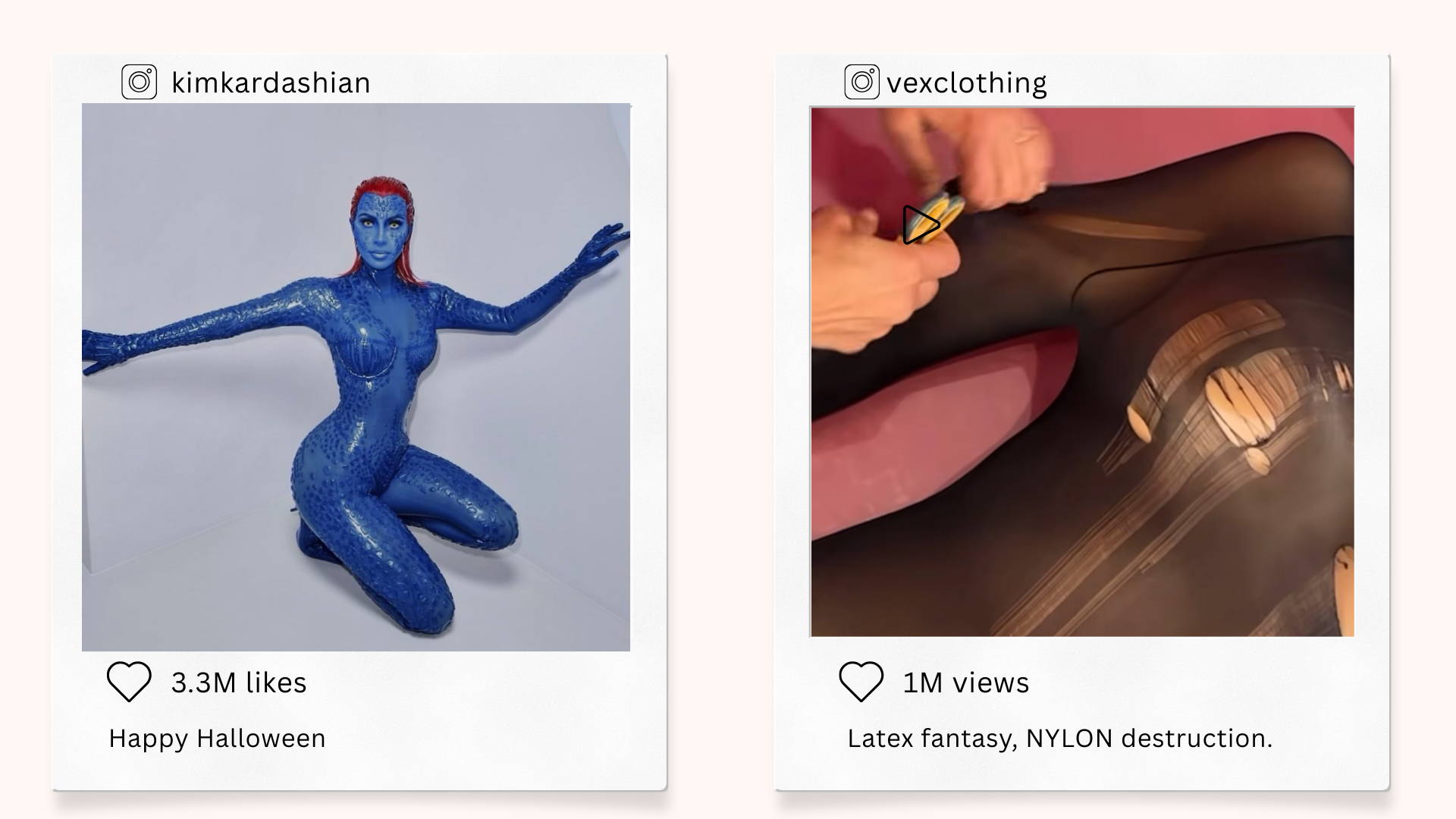 Kim Kardashian wearing full blue Mystique latex bodysuit by Vex Clothing for Halloween, viral Instagram post with 3.3M likes. Vex Clothing viral Instagram reel showing nylon stockings being cut open to reveal latex outfit underneath, over 1M views.