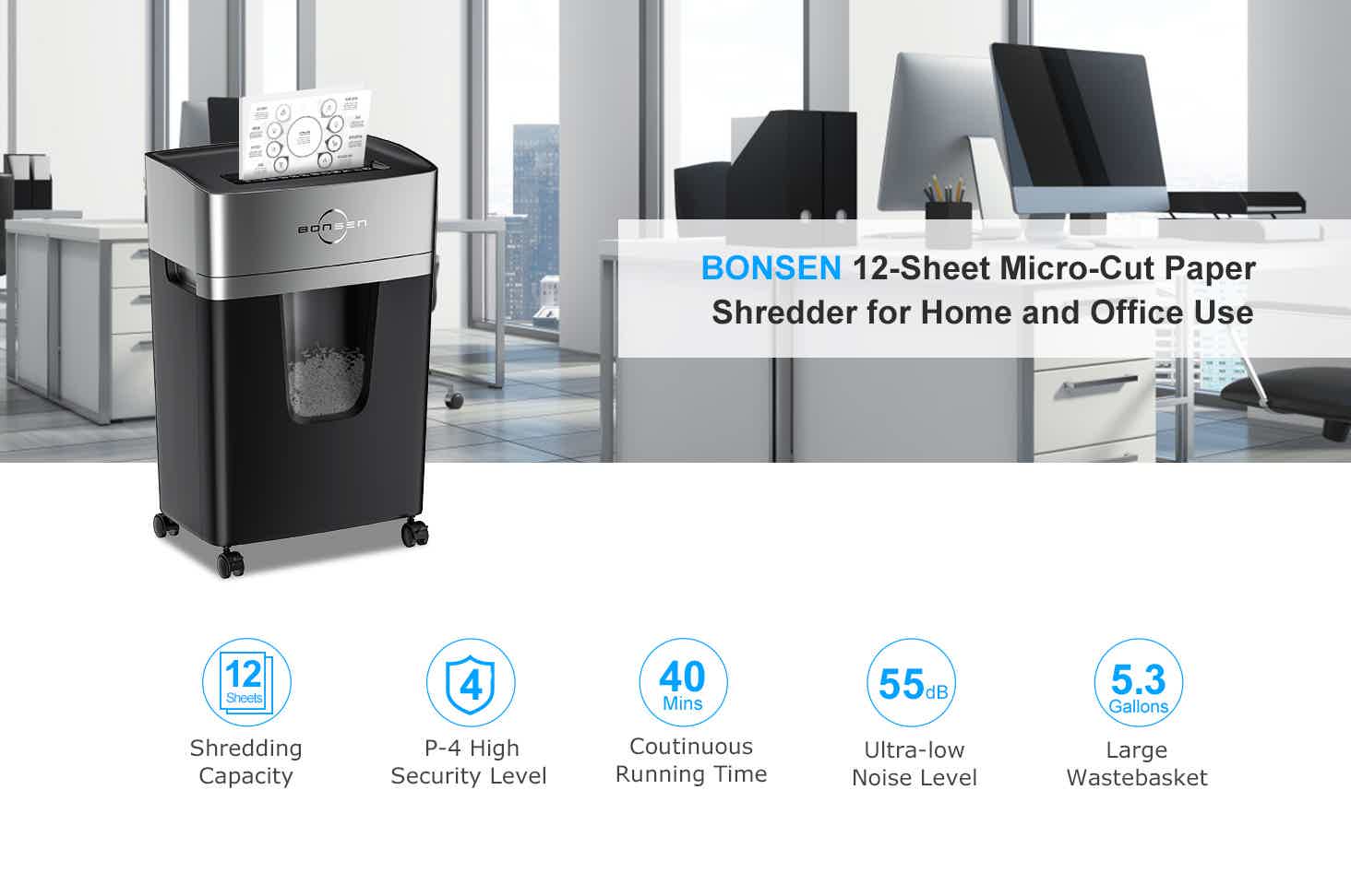 BONSEN 12-Sheet Micro-Cut Paper Shredder for Home and Office Use 10-sheet shredding capacity P-4 high security level 40-mins continuous running time 55dB ultra-low noise level 5.3-gal large wastebasket