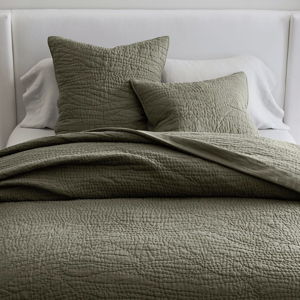 Pottery Barn Belgian Flax Linen Floral Stitch Quilt, Loden, King