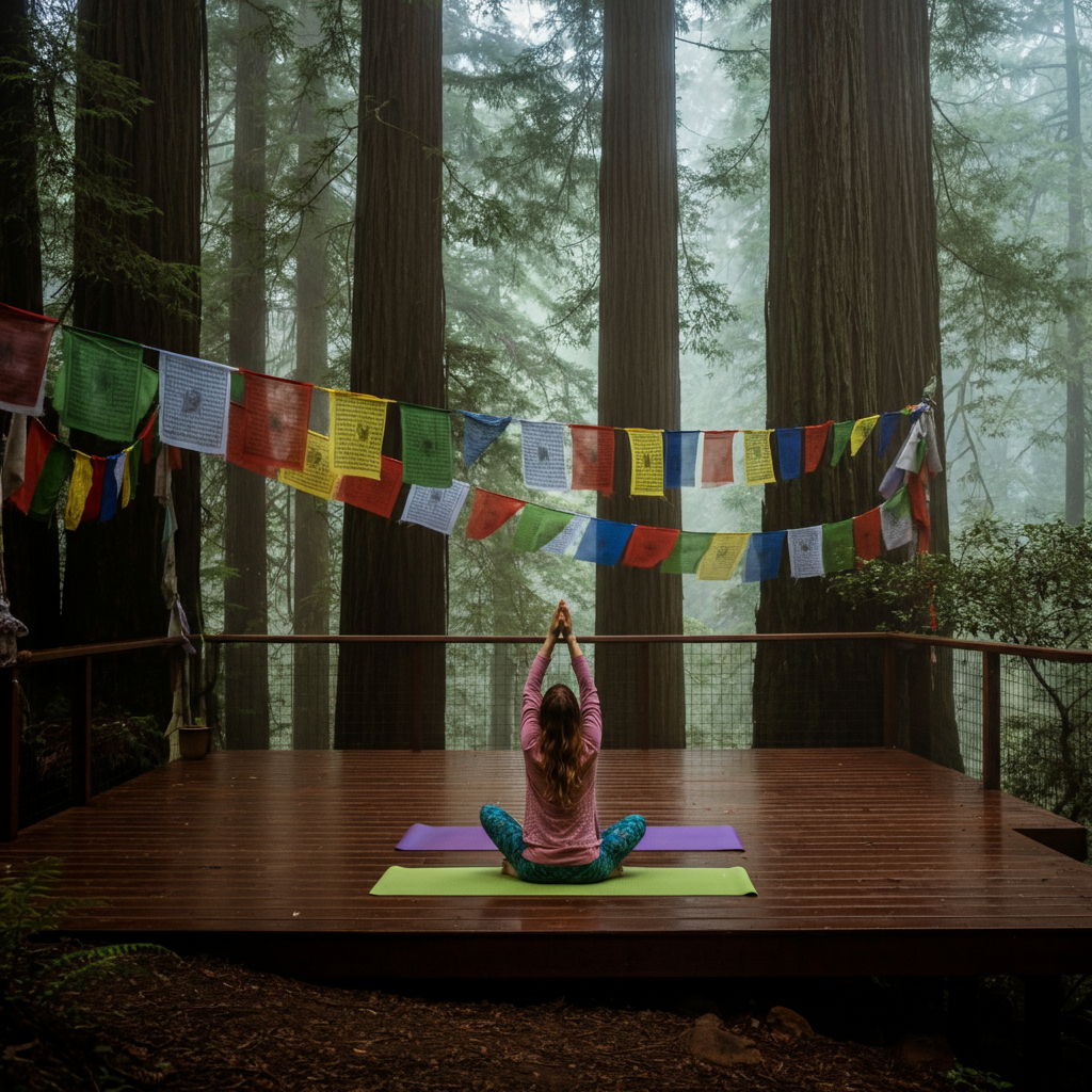 A photographic style image of An outdoor yoga deck surrounded by towering redwoods, with morning mist creating an ethereal atmosphere. Prayer flags flutter gently in the breeze. high focus, sharp, lots of bright light, extra bright, highly detailed, high quality, dslr, film grain, fujifilm XT3, RAW photo, RAW candid cinema, color graded porta 400, depth of field, hyper realistic, natural-looking, expressive, textured skin, texture, 8k, photorealistic