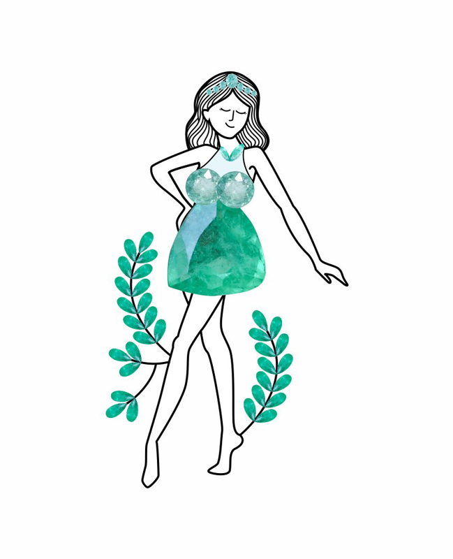 An illustration of a woman wearing green emeralds