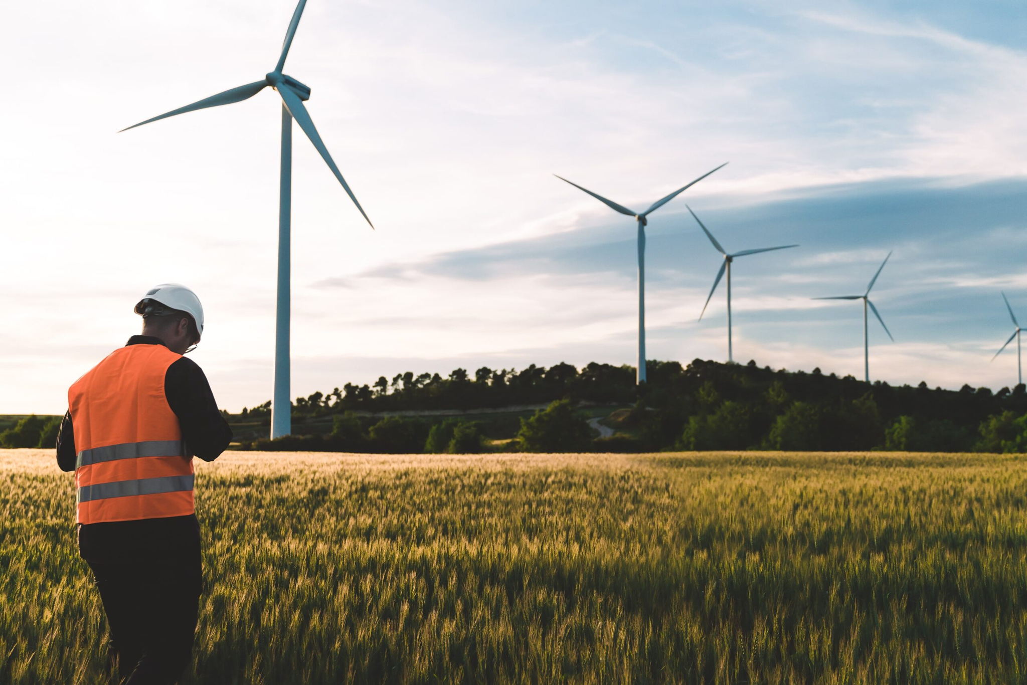 A person wearing an orange safety vest and white hard hat stands in a field with tall grass, looking at a device in their hand. Multiple large wind turbines are visible in the background beneath a cloudy sky.