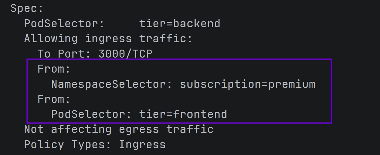 podSelector and namespaceSelector as separate selectors.