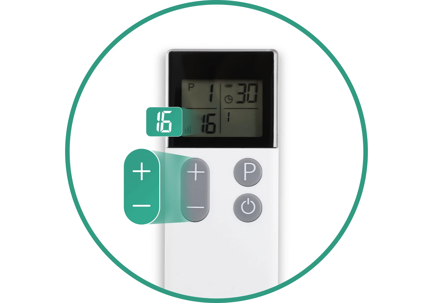 Wellue TENS リモコンのクローズアップ。プラスとマイナスのコントロールボタンで強度レベル 16 を調整できます。