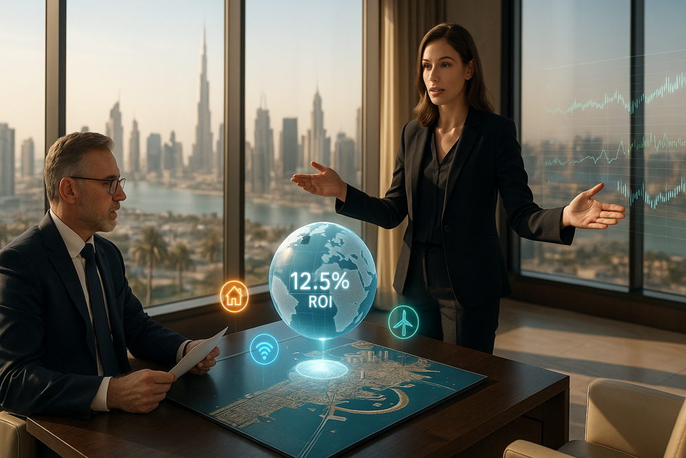 Two professionals discussing a holographic projection with 12.5% ROI, data graphs, and icons for real estate, wifi, and renewable energy in a modern office overlooking the Dubai skyline.