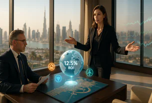 Two professionals discussing a holographic projection with 12.5% ROI, data graphs, and icons for real estate, wifi, and renewable energy in a modern office overlooking the Dubai skyline.