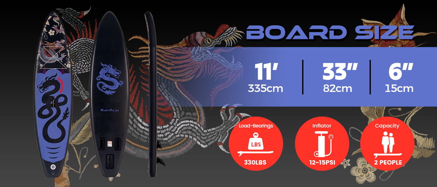 Adventure SUP board size is 11 feet length, 33 inch width. Load-bearings is 330LBS, inflator is 12-15PSI, support 2 people