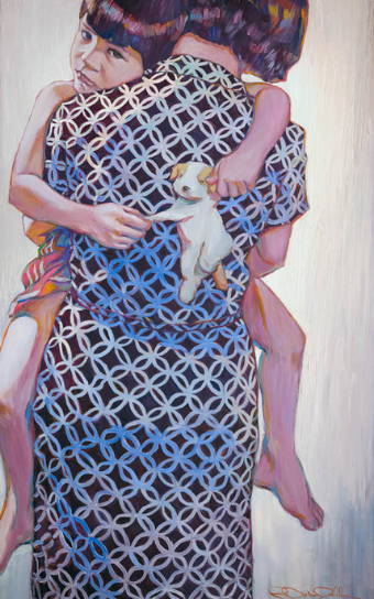 Painting of a mother carrying her son away. Her dress is covered in circular patterns.