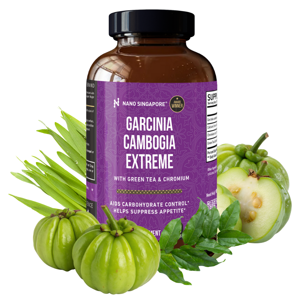 a bottle of Nano Singapore's best natural appetite suppressant surrounded by Garcinia Cambogia
