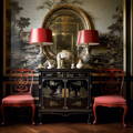 contemporary red and black Chinoiserie cabinet and lamps