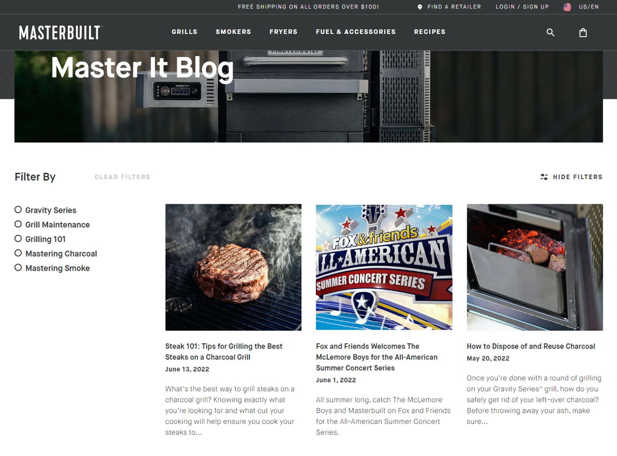 Screenshot of Master It Blog, from the shopify blog examples collection.