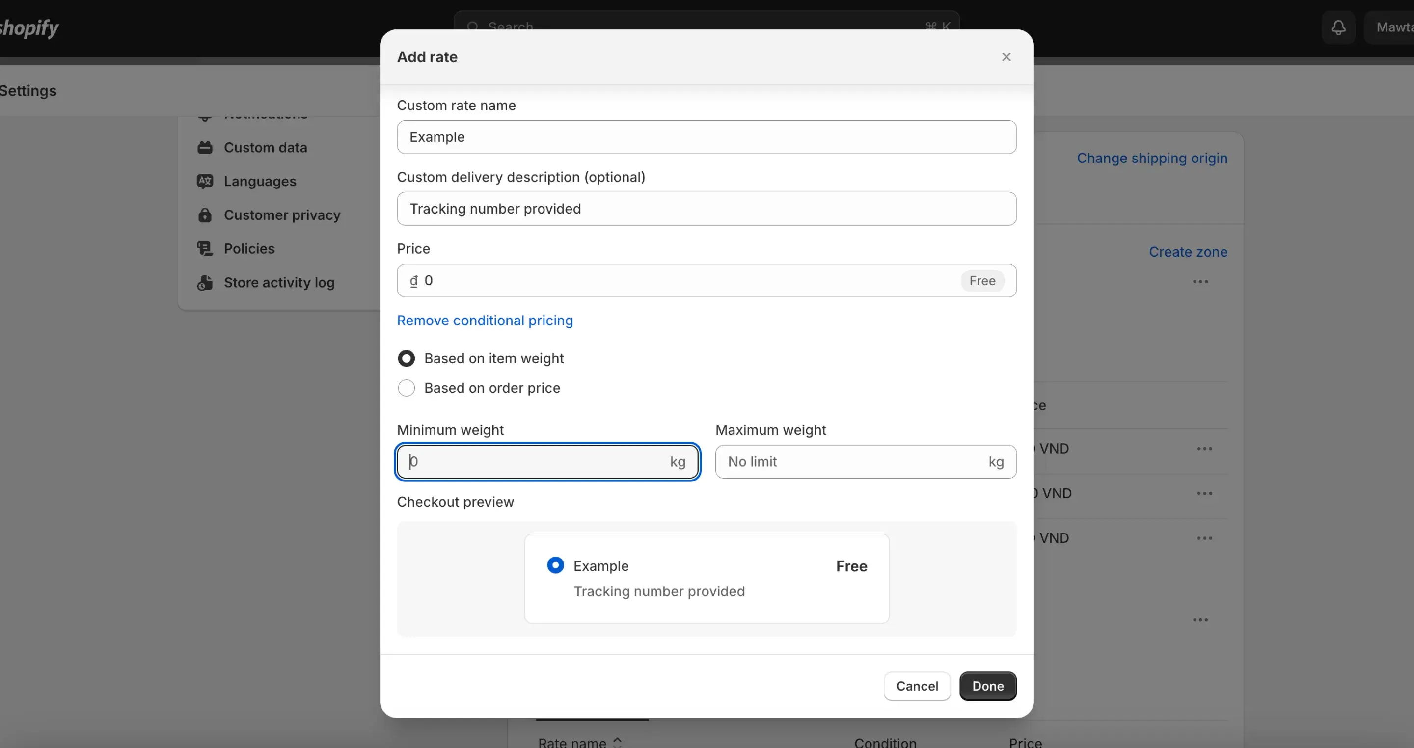set up free shipping in Shopify by weight