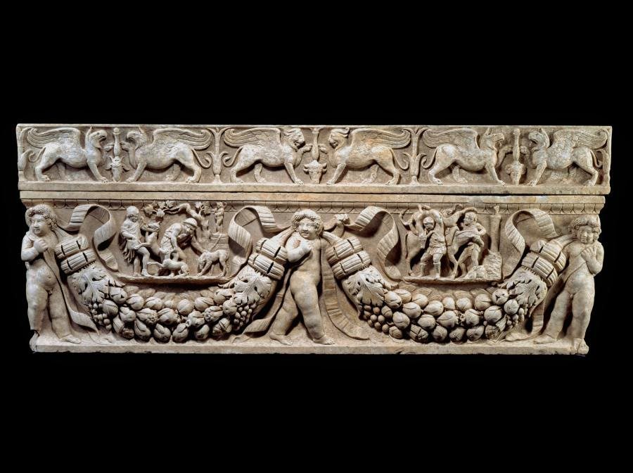 Garland Sarcophagus with Hunting Scenes; Roman, ca. 130-150, marble, Purchased with funds provided by Gilbert M. Denman, Jr.