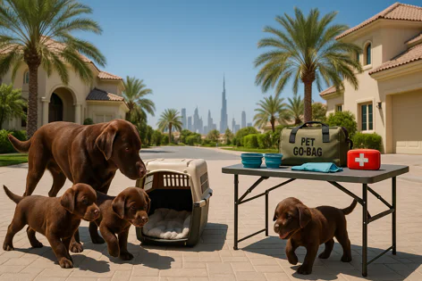 Chocolate Labrador dog and three puppies with pet carrier and supplies outside a house with Dubai skyline view.