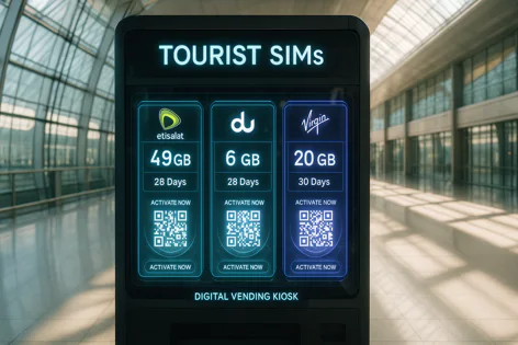 A digital vending kiosk in an airport terminal offering tourist SIM cards from Etisalat, Du, and Virgin Mobile, showing available data plans and QR codes for activation.