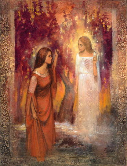 Textured painting of the angel appearing to Mary.