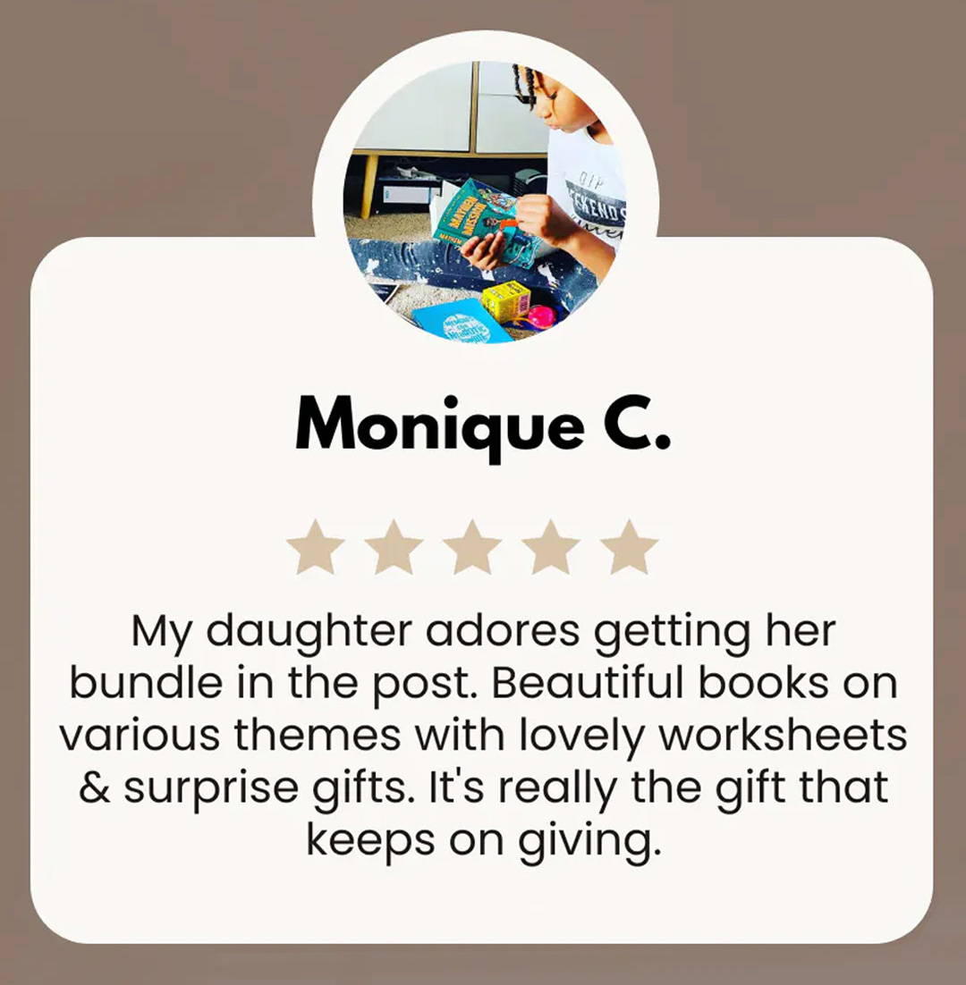 Girl reading a book from holding up a Happier Every Chapter  box with a review for Happier Every Chapter Thought Leaders book box