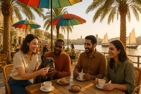 Four friends and a French bulldog enjoy coffee and pastries at an outdoor cafe table near a waterfront with traditional boats and palm trees.