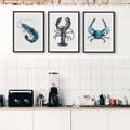 food inspired art prints - set of three shellfish art prints in kitchen above kitchen worktop