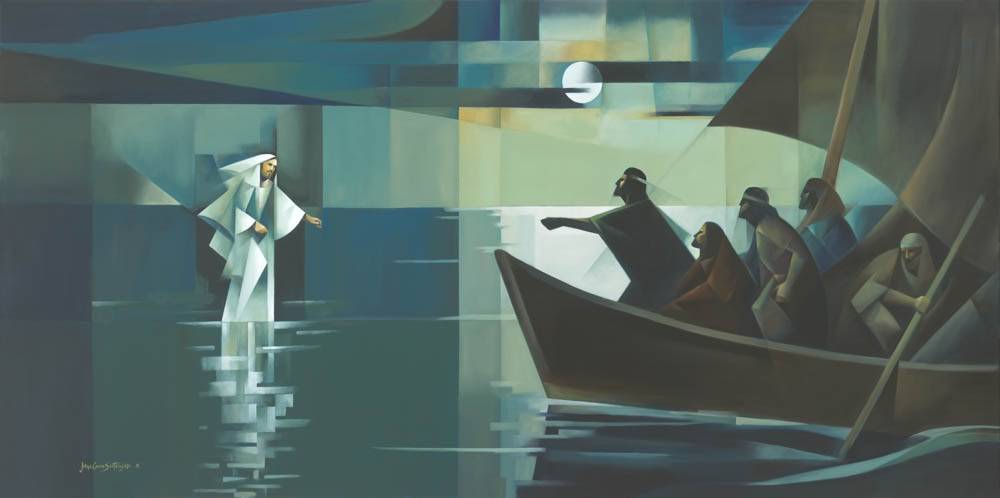 Modern "sacrocubism" painting of Christ walking on water toward the apostles' boat.