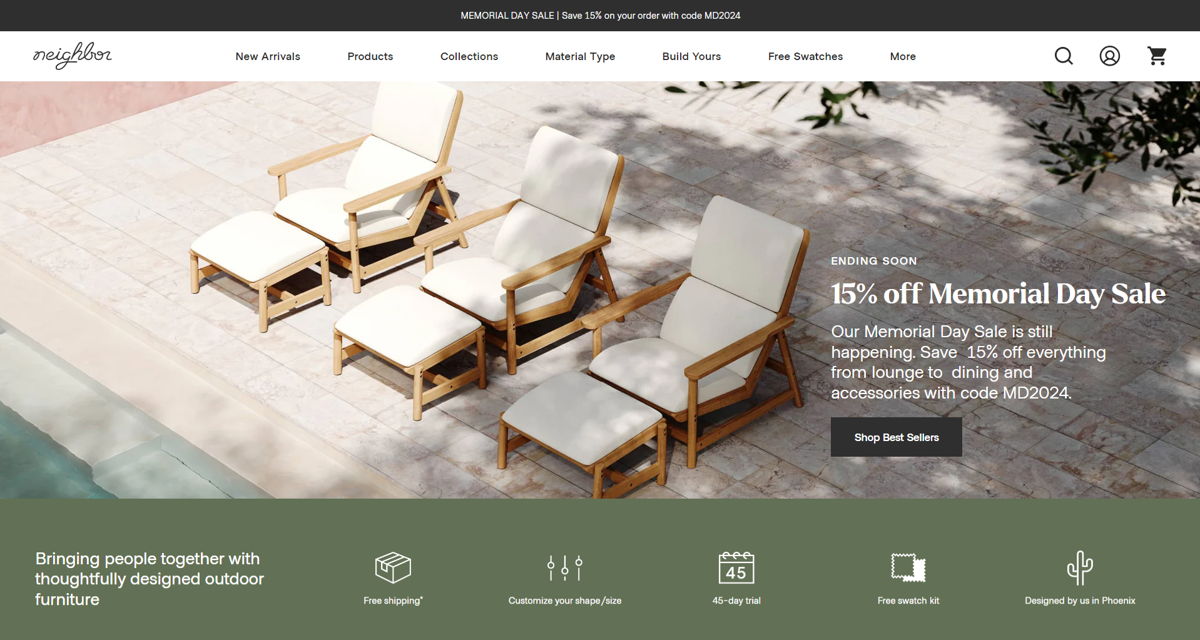 Screenshot of Neighbor Outdoor Furniture, from the shopify furniture stores collection.