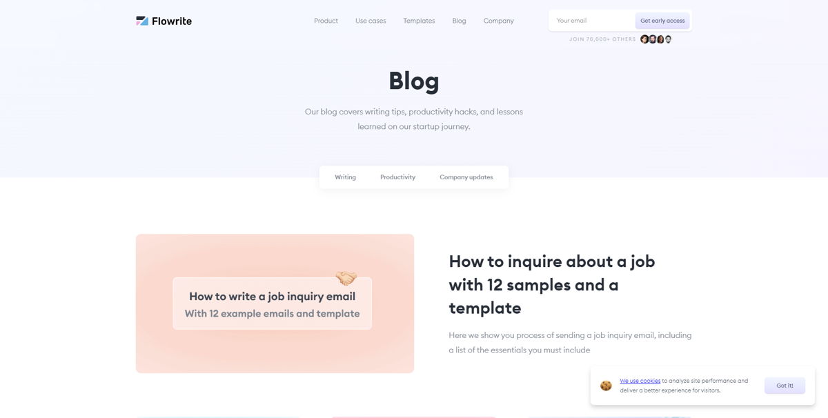 Screenshot of Blog | Flowrite, from the blog design examples collection.