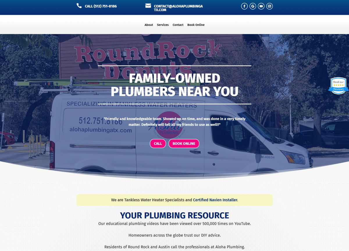 Screenshot of Aloha Plumbing, from the website hero section designs collection.