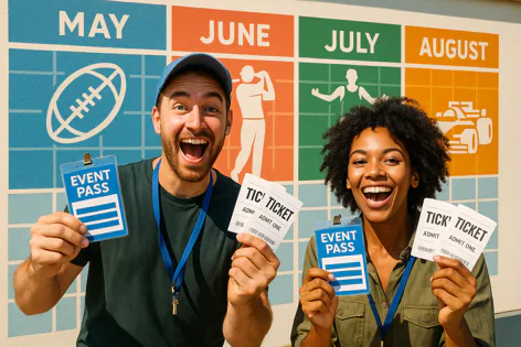 Two happy people show off event passes and tickets while standing against a wall with a calendar grid showing May to August and icons for sports and racing events.