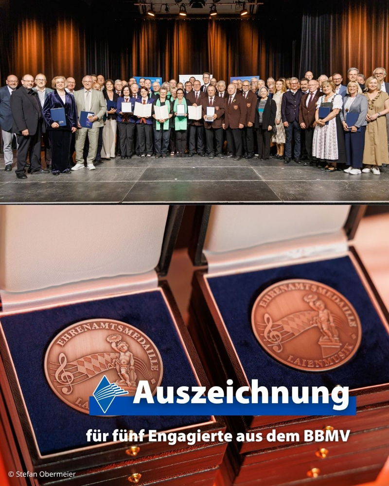 🏅 Fünf Ehrenamtliche aus dem BBMV für herausragendes Engagement ausgezeichnet 🏅

Fünf engagierte Persönlichkeiten aus dem Bayerischen Blasmusikverband wurden von Kunstminister Markus Blume mit Ehrenamtsmedaillen für ihren langjährigen und außergewöhn