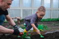 Father and son gathering in the greenhouse.