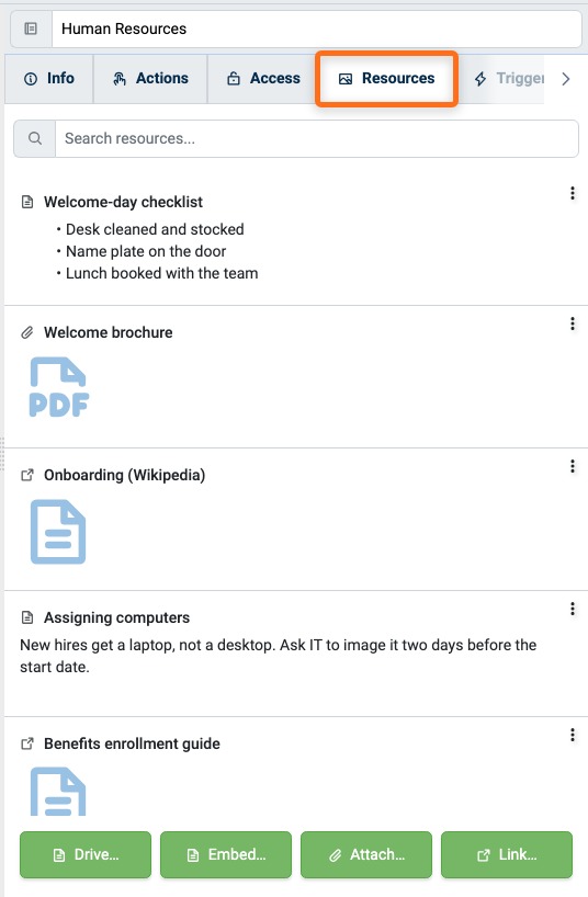 Resources tab of a Portfolio listing its Resources, with the Drive, Embed, Attach, and Link buttons
