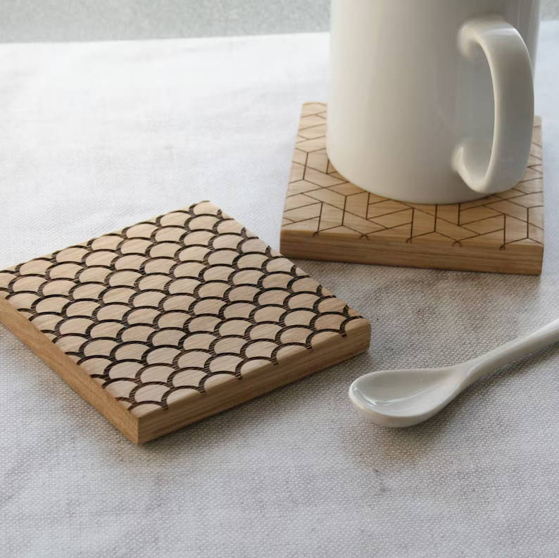 Laser Engraved Wood Geometric Patterns Coasters 01