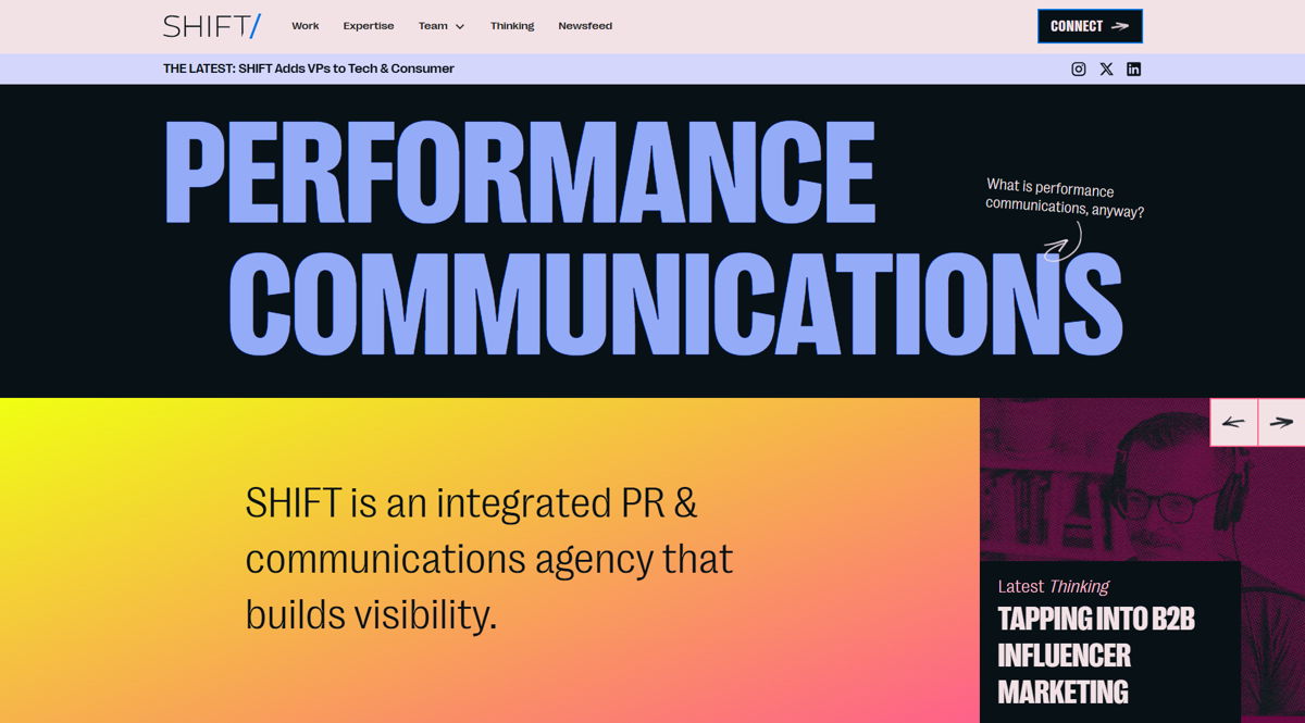 Screenshot of SHIFT Communications, from the pr portfolios & websites collection.